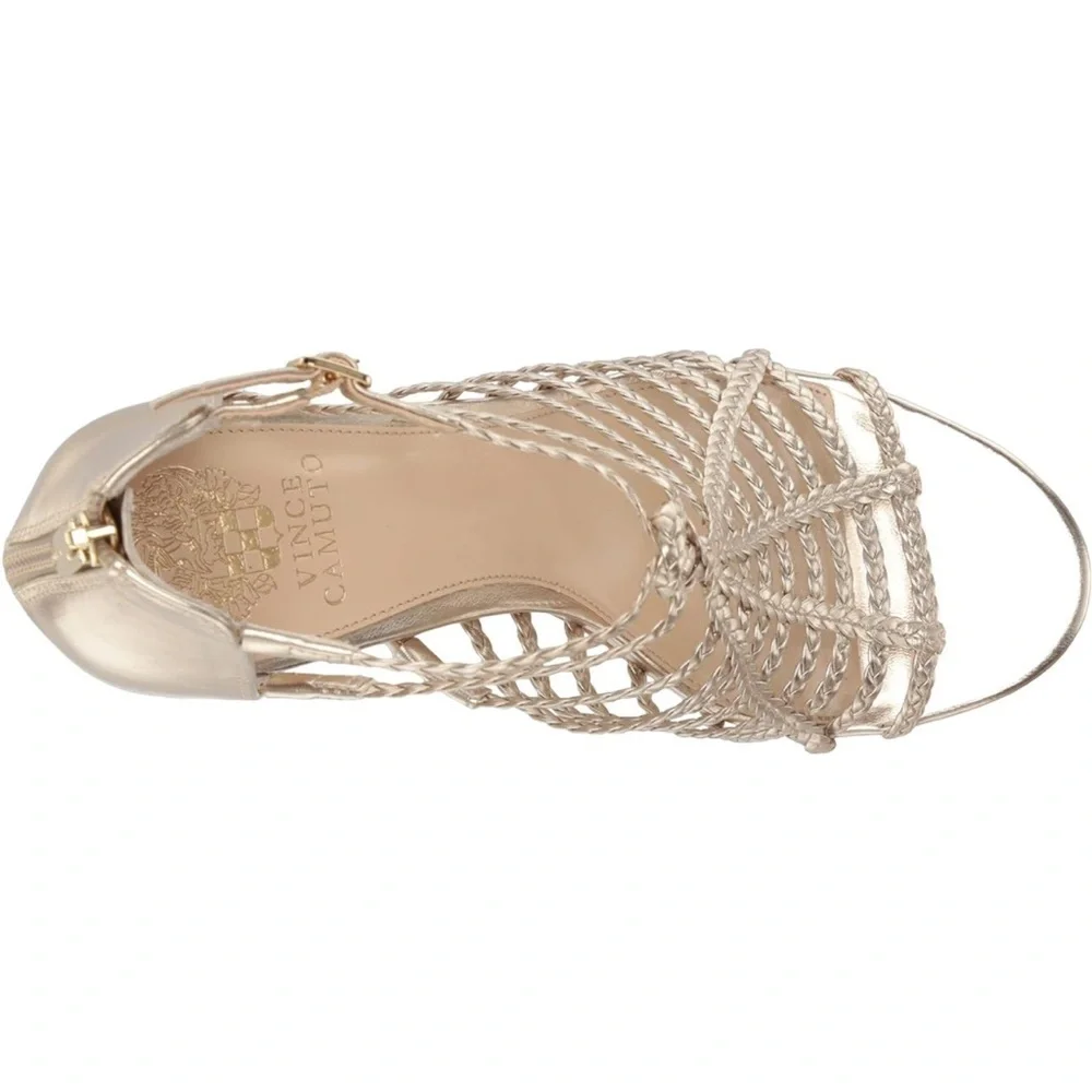 Vince Camuto Metallic Gold Braided Strappy Block Heel Sandals